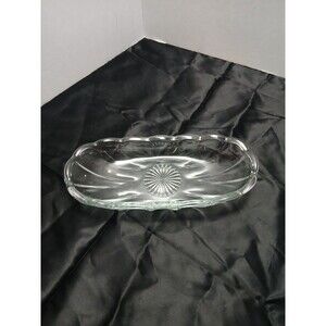 ​Vtg Pressed Glass Relish Candy Dish Scalloped Sunburst 6" Oblong Tray